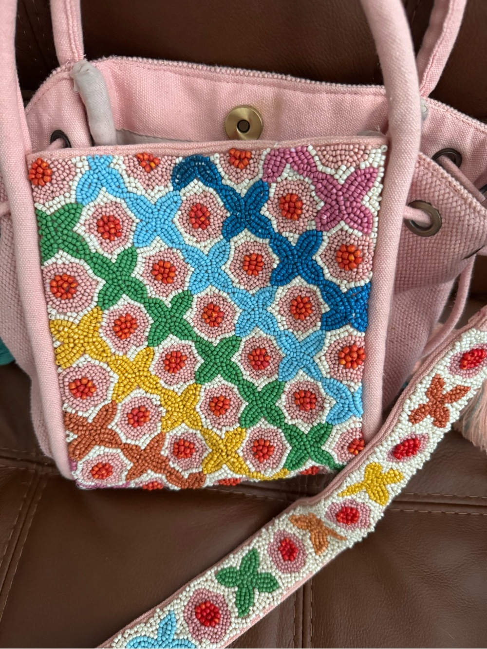 America & Beyond Pink Beaded Floral Crossbody Tote - Multi-Color Embroidery - Picture 2 of 4